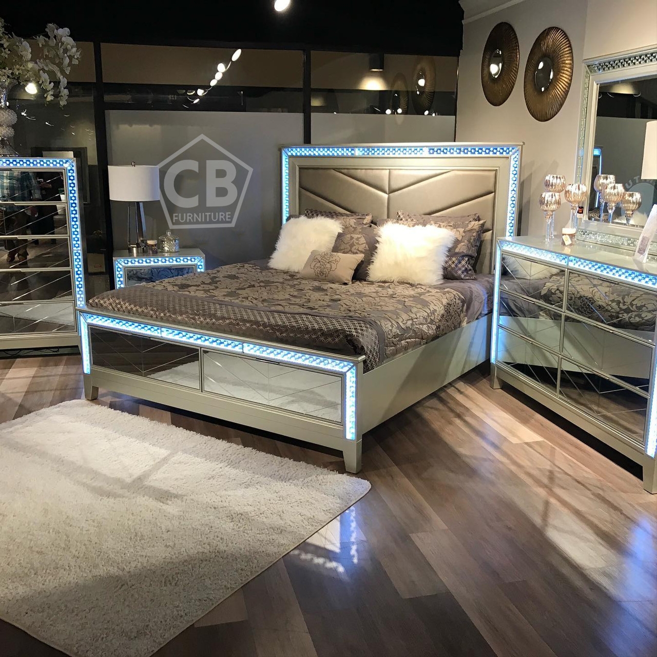 Bedroom Set including Blue LED Trim and Mirrored Fronts