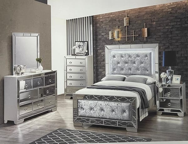 Bedroom Set including Mirrored Frames and Geometric Fretwork