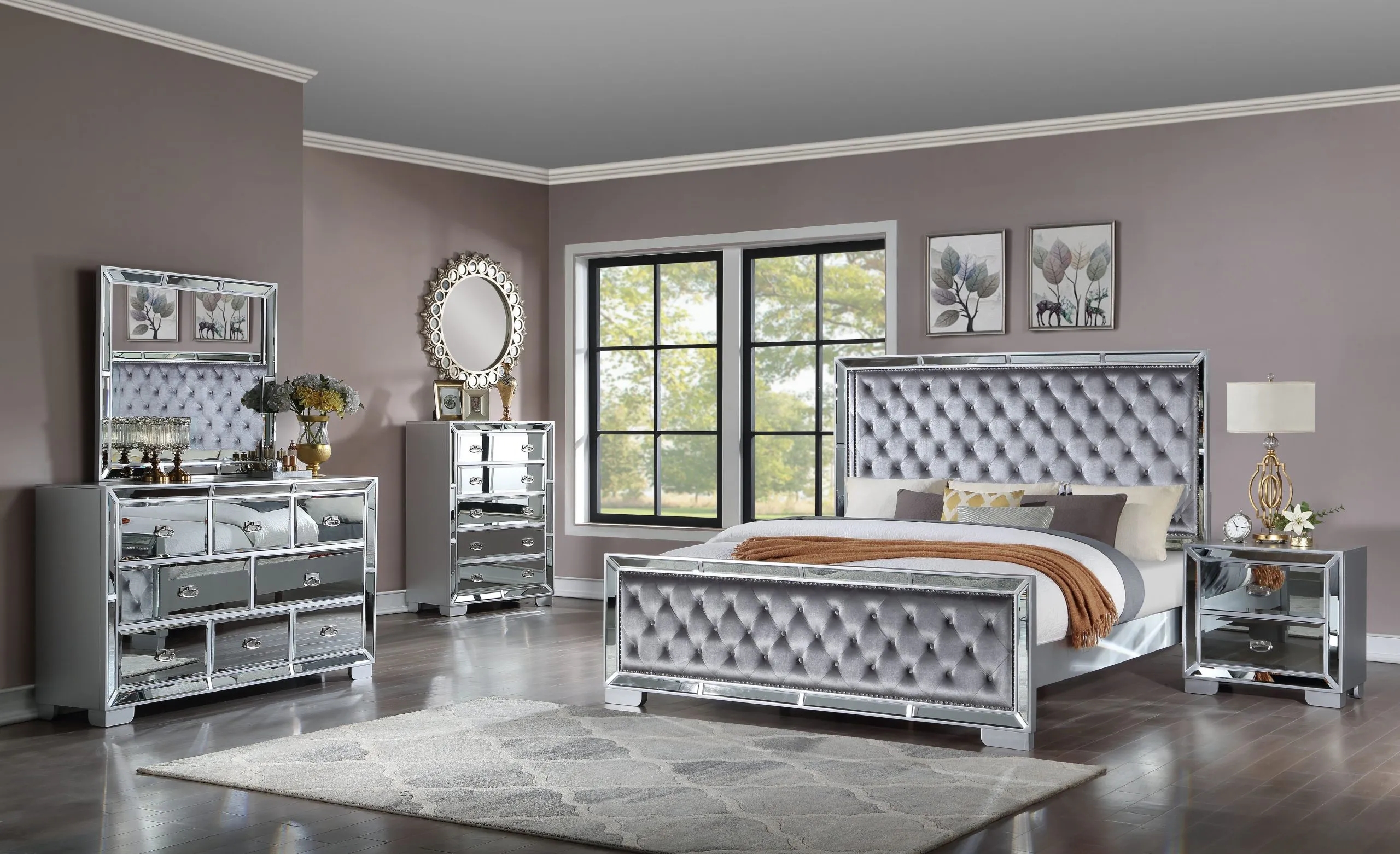 Bedroom Set including Mirrored Panel Insets and Grey Bed