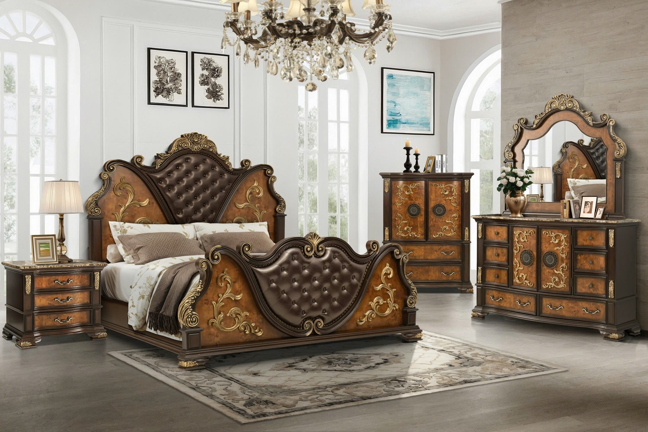 Bedroom Set: Intricate Gold Scrollwork Luxury Tufted Bed