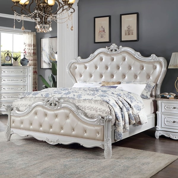 Bedroom Set: Pearlized Upholstery Victorian White Tufted Bed
