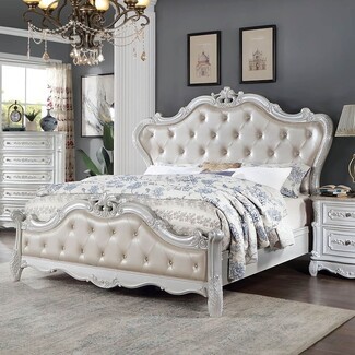 Bedroom Set: Pearlized Upholstery Victorian White Tufted Bed
