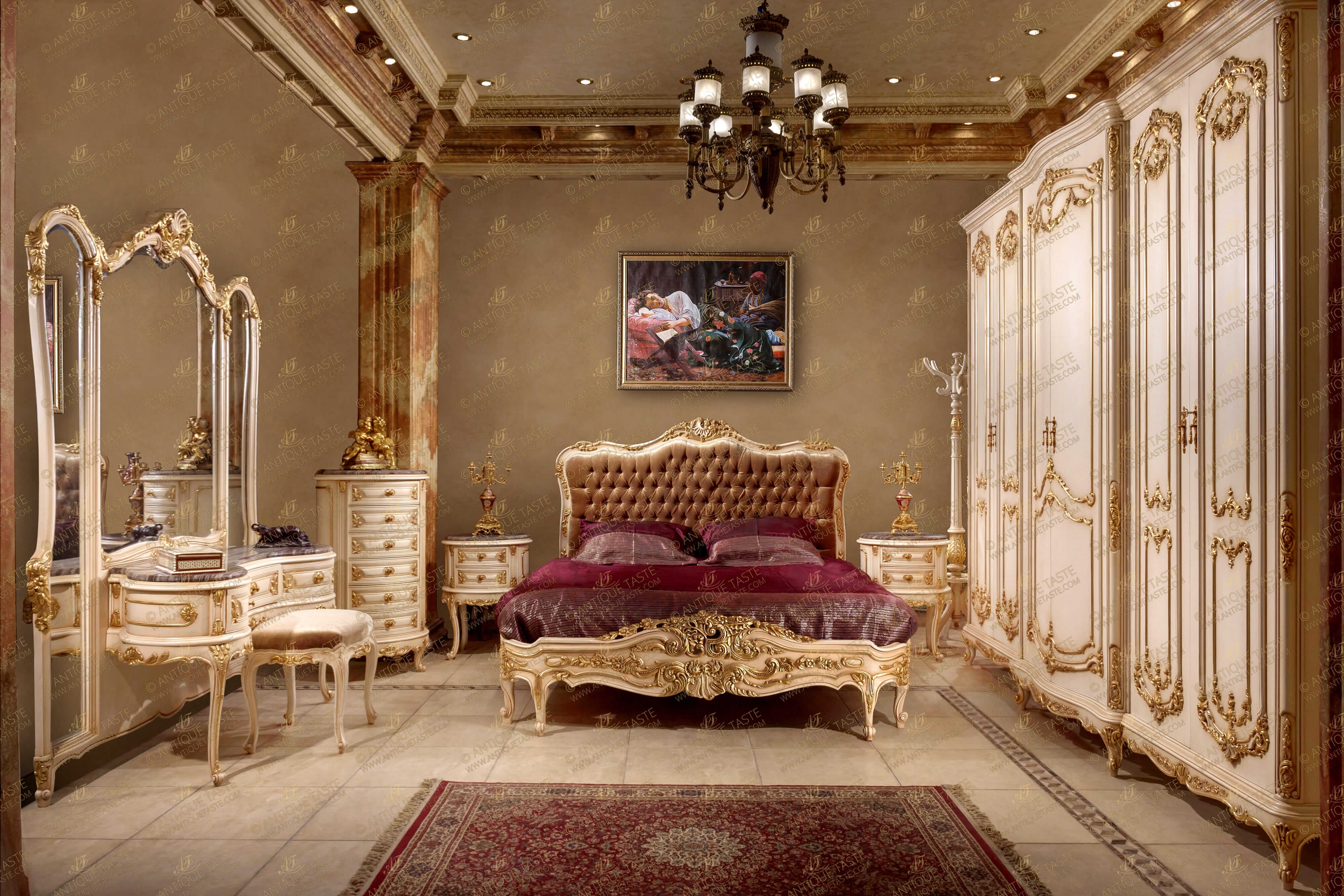 Bedroom Set: Rocaille Carvings and Louis XV Gold Furniture