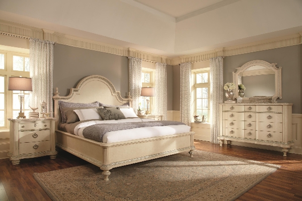 Bedroom Set: Silver Metallic Accents Arched Upholstered Bed
