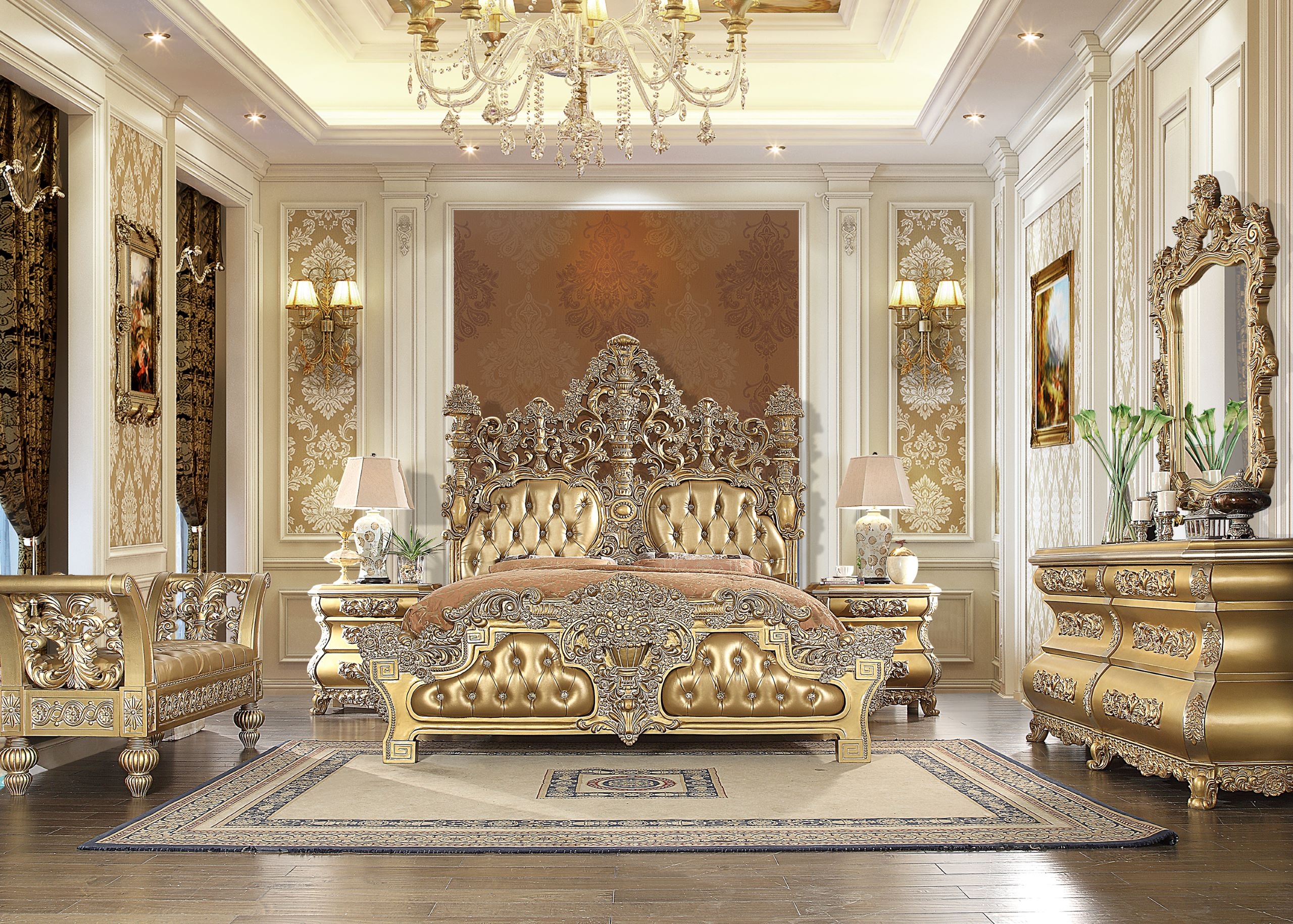 Bedroom Set: Tufted Leather Look Victorian King Bedroom Set