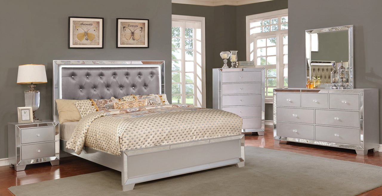 Bedroom Set using Mirrored Trim and Champagne Silver Finish