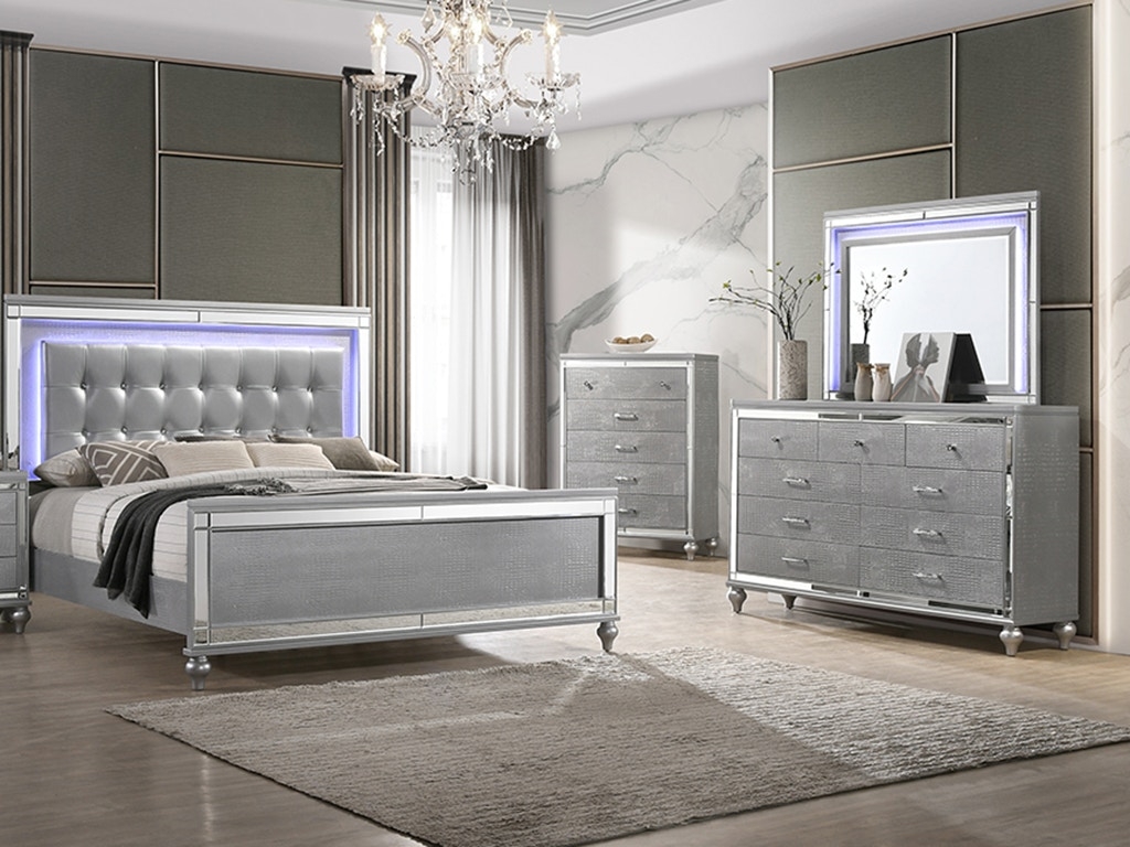 Bedroom Set with Backlit Headboard and Lighted Mirror