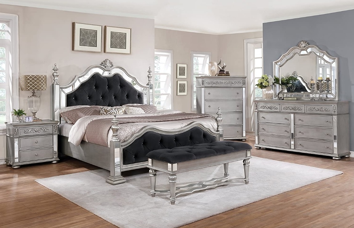 Bedroom Set with Black Velvet Tufting and Silver Finish