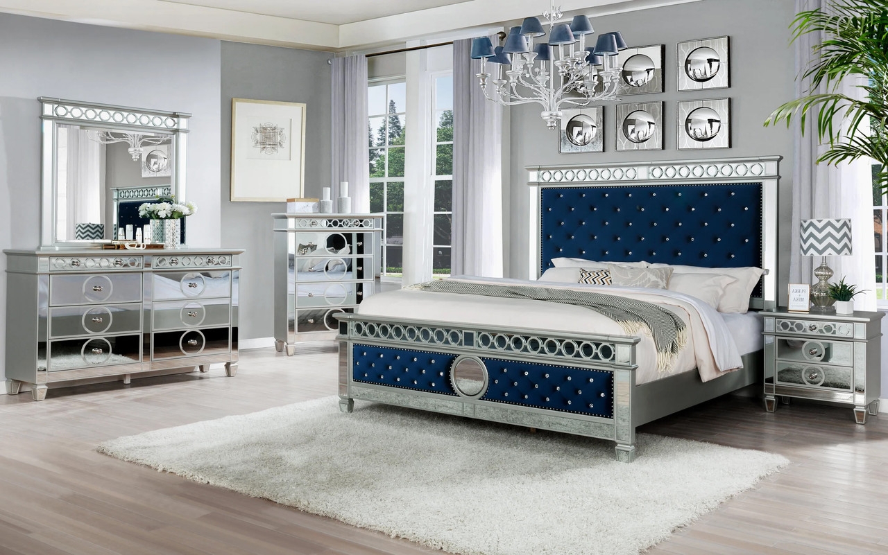 Bedroom Set with Blue Velvet Tufting and Circular Accents