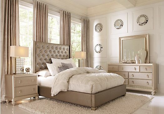 Bedroom Set with Glamorous Ring Pulls and Tufted Wingback Bed