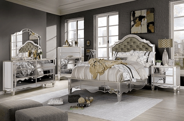 Bedroom Set with Scalloped Base and Mirrored Insets