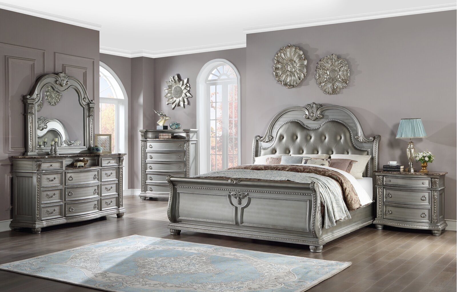 Bedroom Suite: Sleigh Footboard Victorian Silver Bedroom Suite