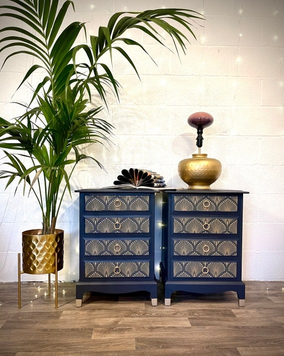 Bedside Cabinet in Midnight Blue with Sunburst Pattern