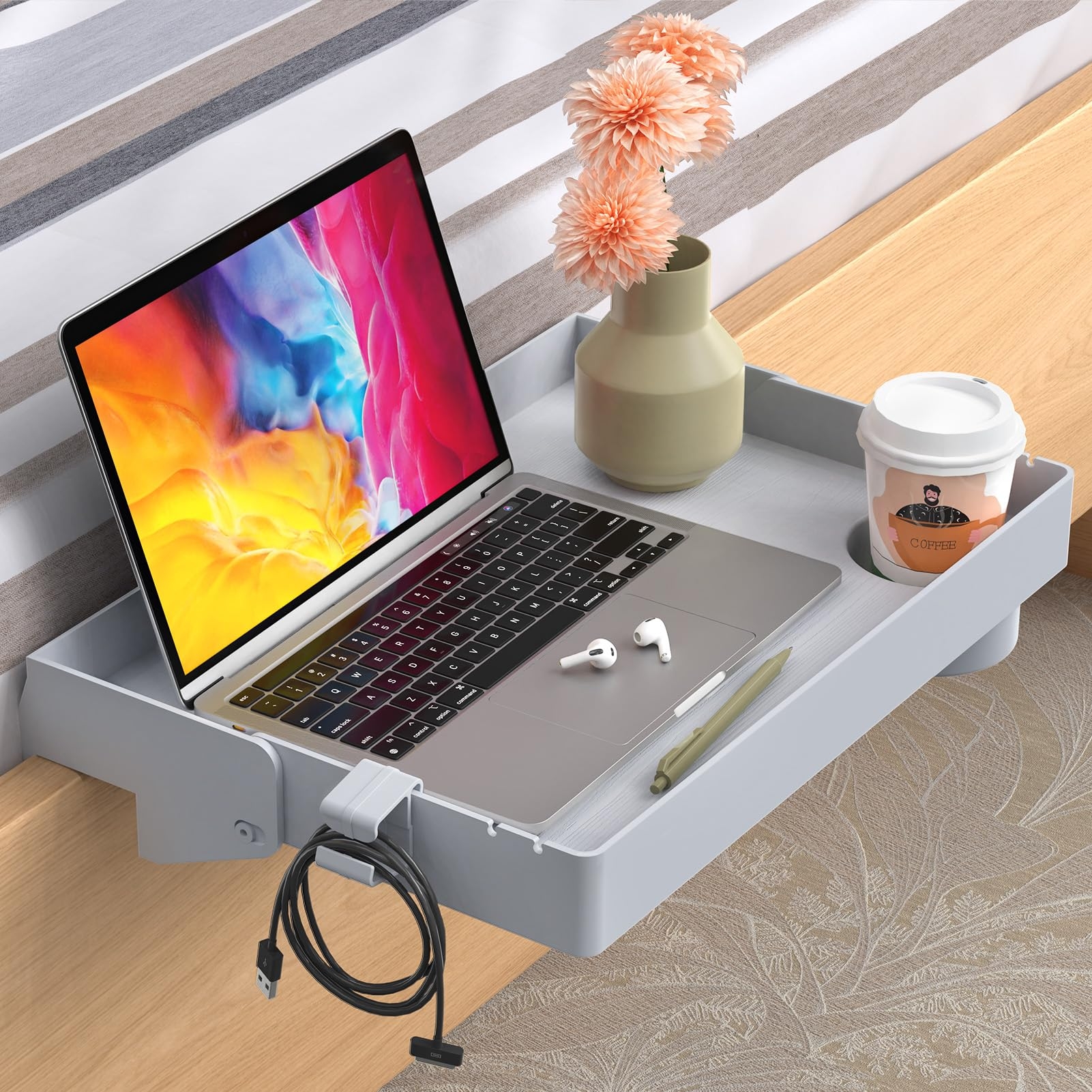Bedside Shelf with Cup Holder Slot and Clip-on Bedside Organizer
