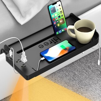 Bedside Shelf with Dual AC Outlets and Clip-on Nightstand with Light