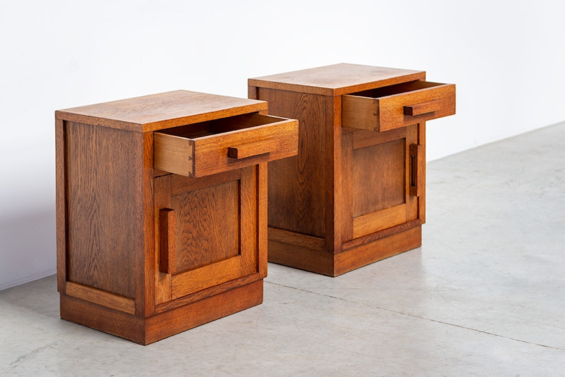 Bedside Table Pair with Blocky Handles and Plinth Base