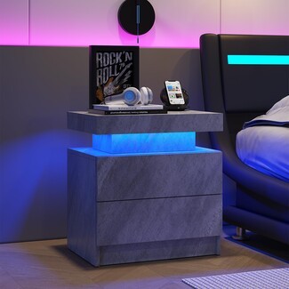 Bedside Table Stone Like Texture Led Bedside Table Grey Storage