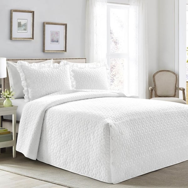 Bedspread Set: Button Details Geometric Quilted White Bed