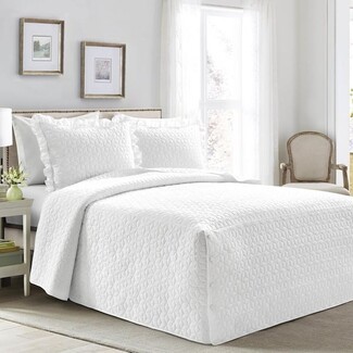 Bedspread Set: Button Details Geometric Quilted White Bed
