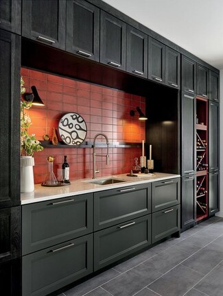 Beverage Station with Burnt Red Tile and Vertical Wine Rack