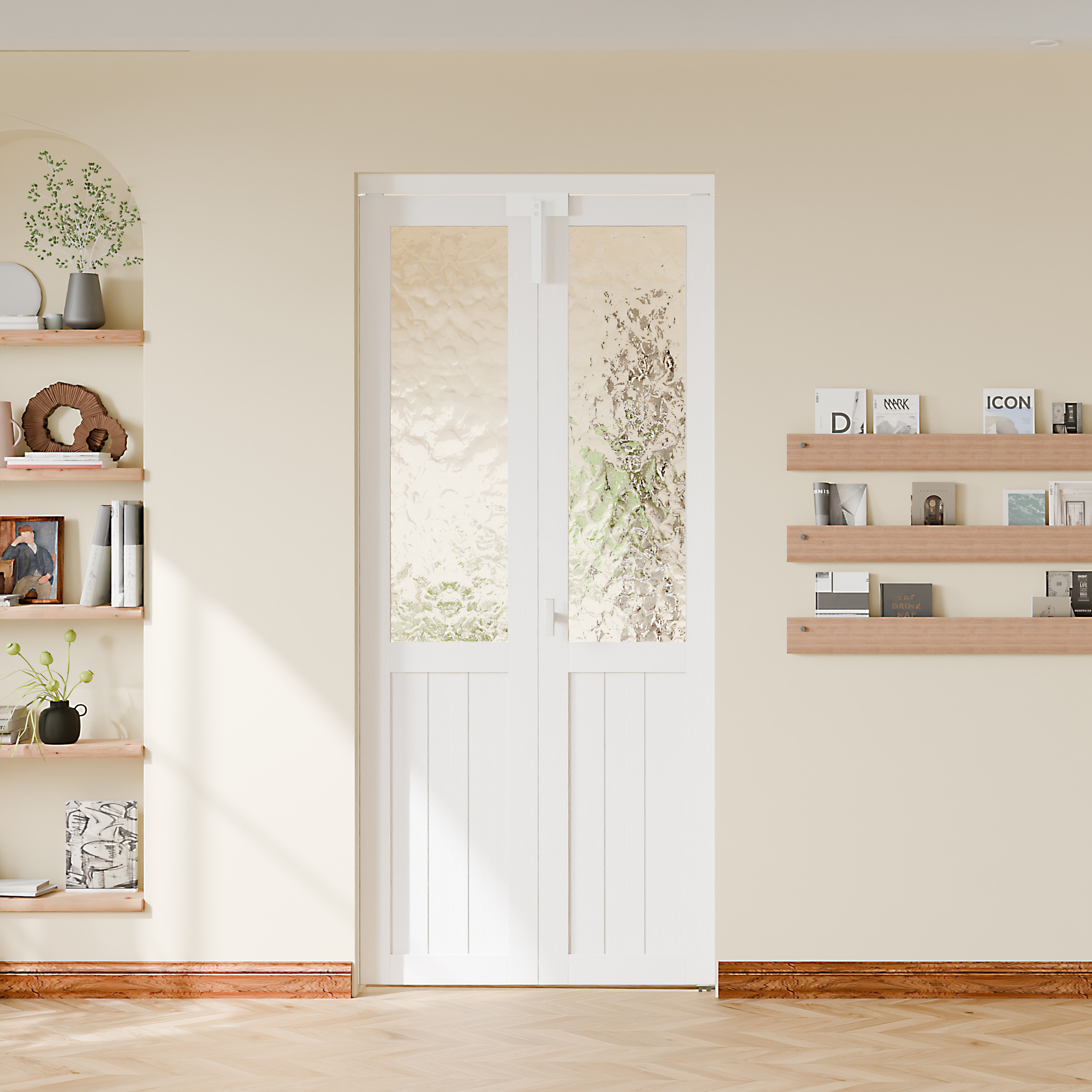 Bifold Door Textured Tempered Glass Vertical Slat Bottoms