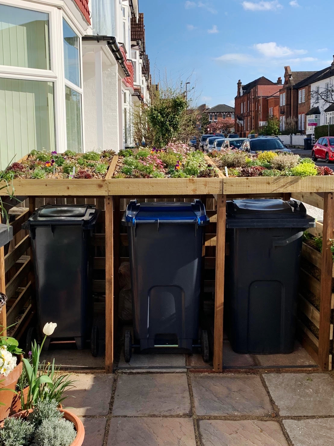 Bin Store Three Compartment Sustainable Natural Wood Housing