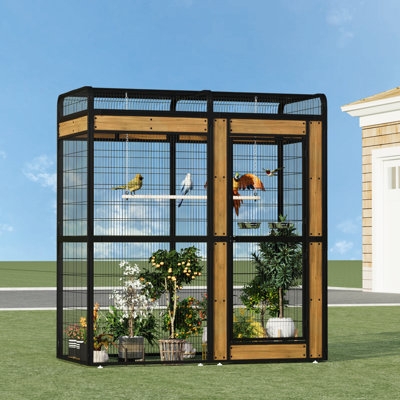 Bird Aviary with Wood Accent Panels for Modern Black Metal Bird Cage