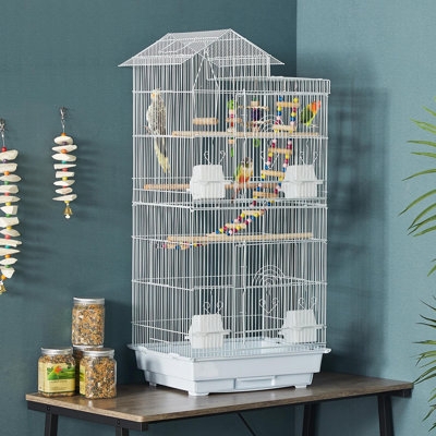 Bird Cage with Gabled Roof Design and White Roof Top Bird Cage