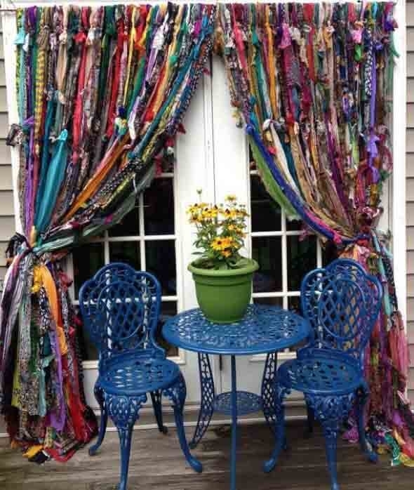 Bistro Set with Filigree Metal and Fabric Scrap Curtains