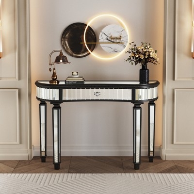Black Half Moon Console Table with Fluted Glass Apron
