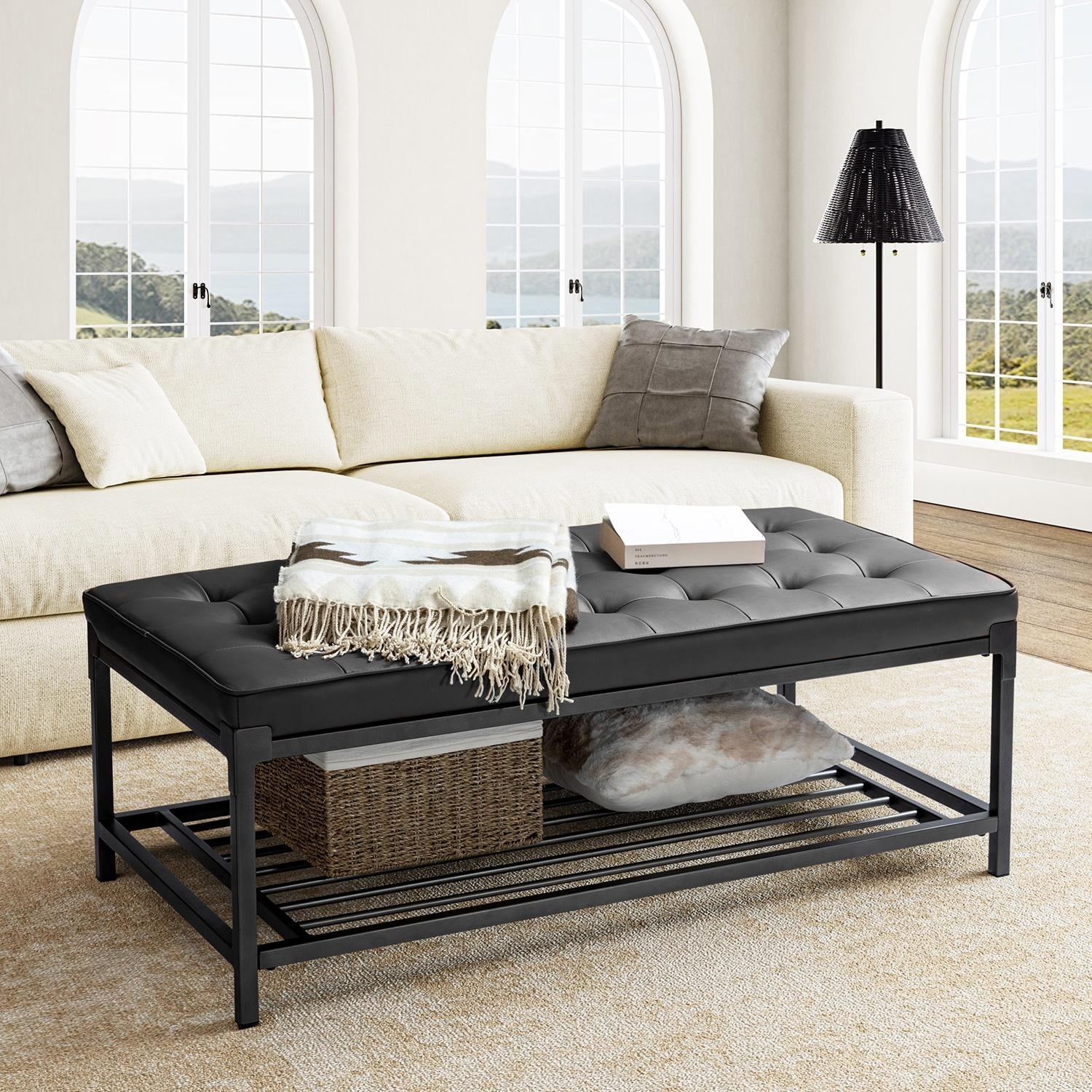 Black Ottoman Coffee Table: Tufted Top and Slatted Shelf