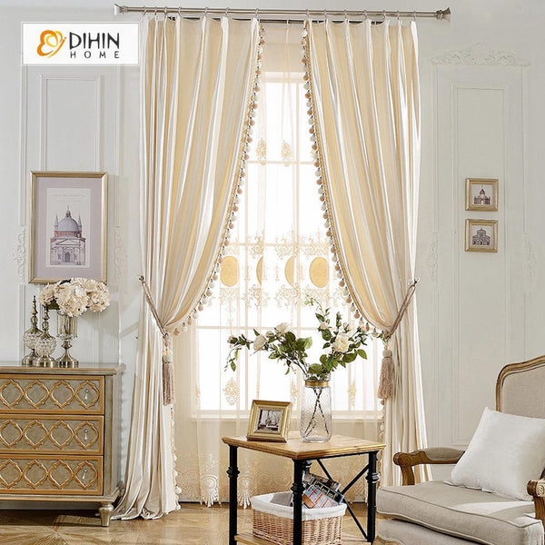 Blackout Curtains: Champagne Pom Pom Trim Tassel Tiebacks