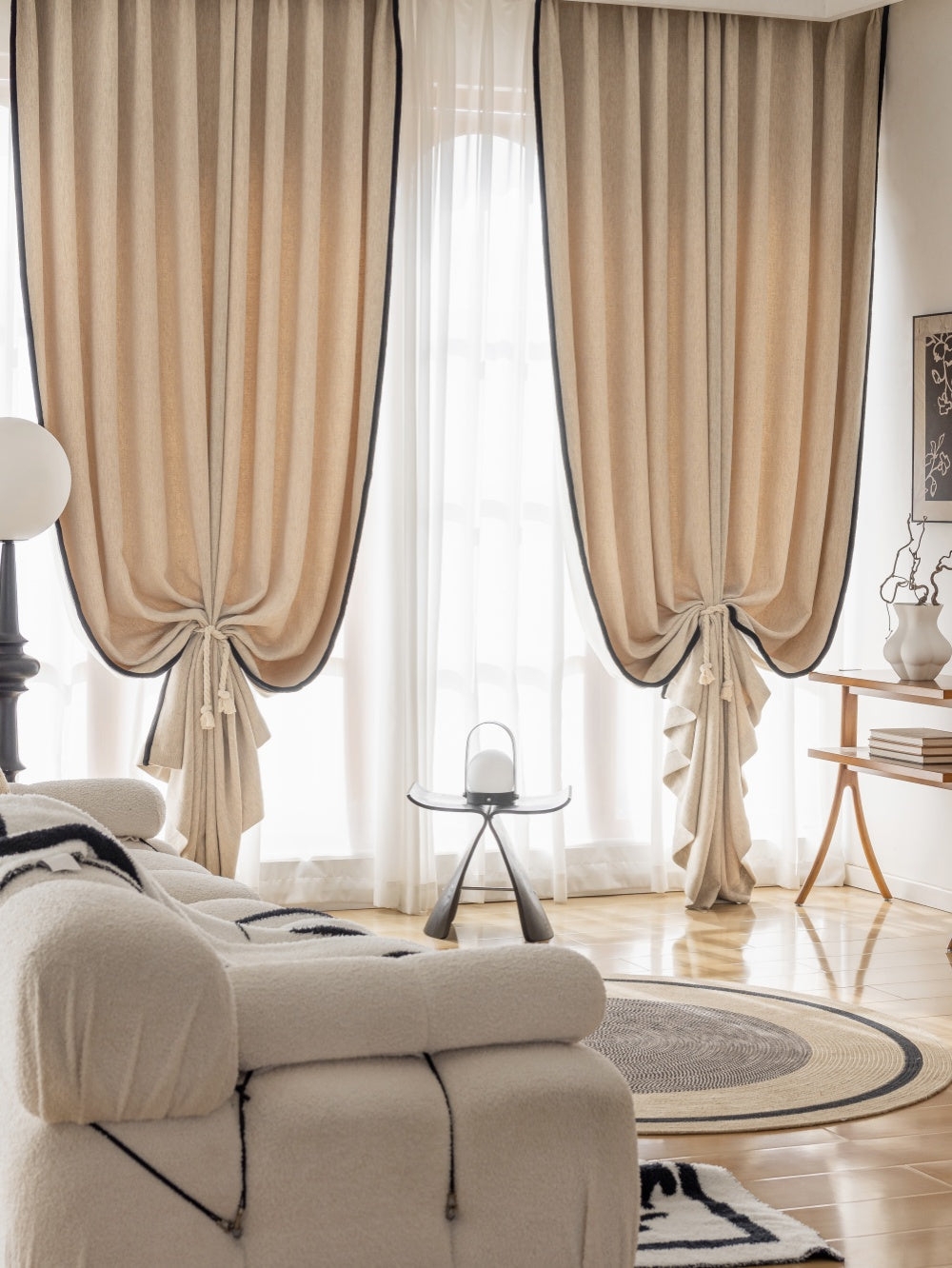 Blackout Curtains with Cinched Hem and Contrast Piping