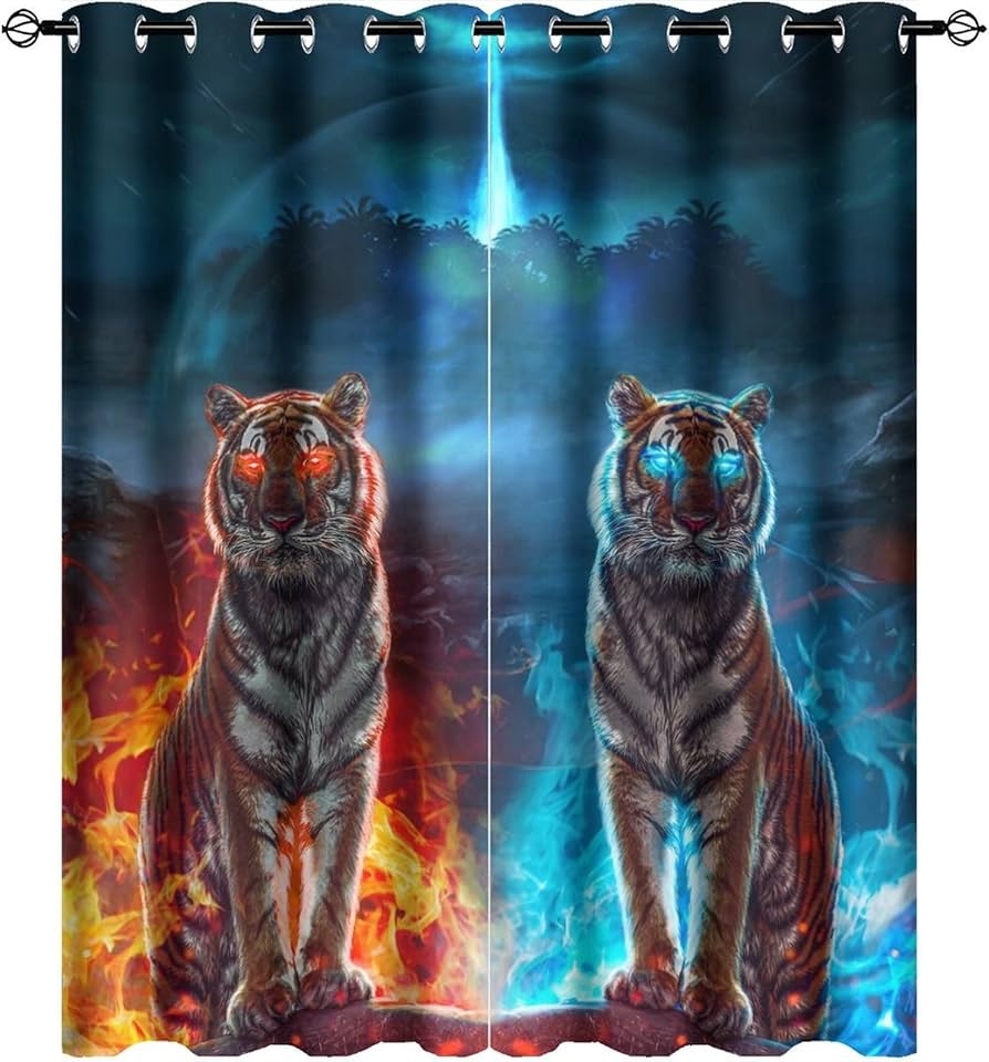 Blackout Curtains with Fire Ice Split Fantasy Tiger Print