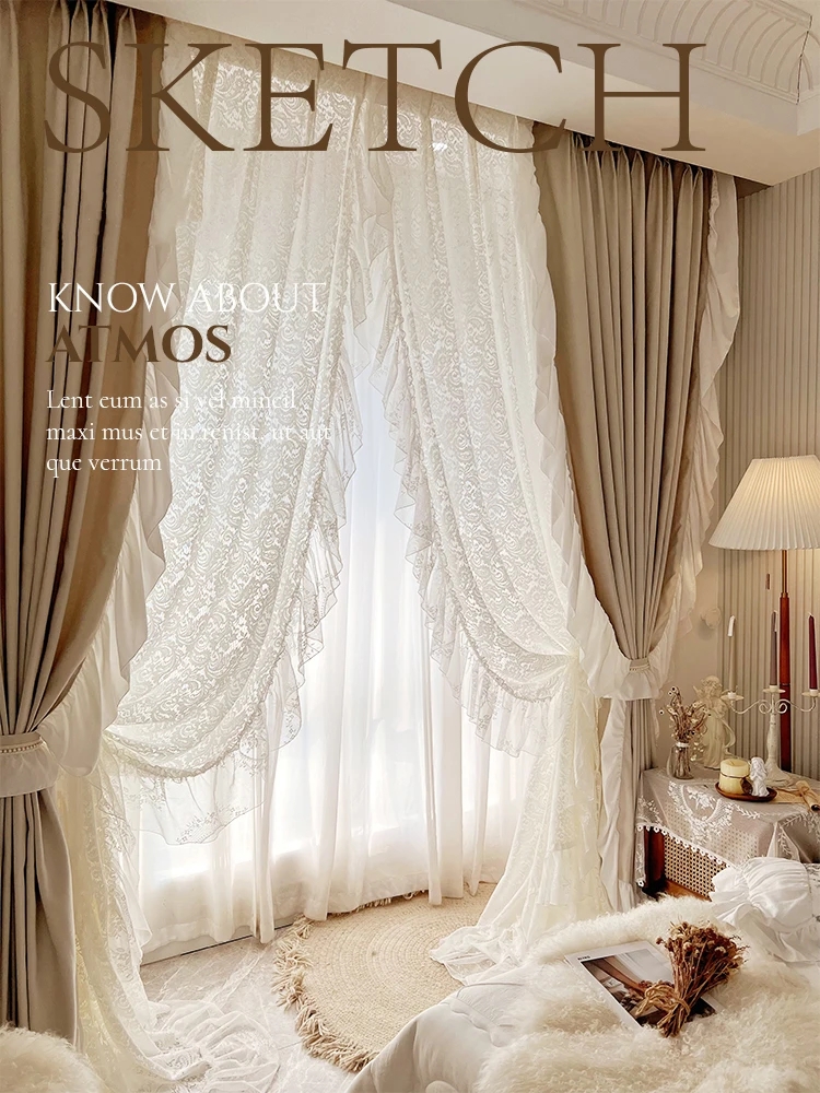 Blackout Curtains with Ruffled Lace Border and Dual Layers