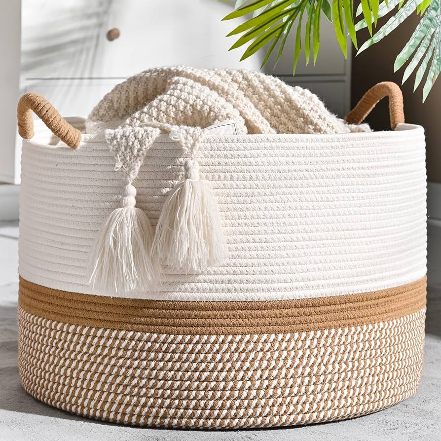 Blanket Basket Tri-Tone Design Variegated Base Boho Storage