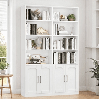 Bookcase Arched Panels and Silver Pulls with Eight Cubbies