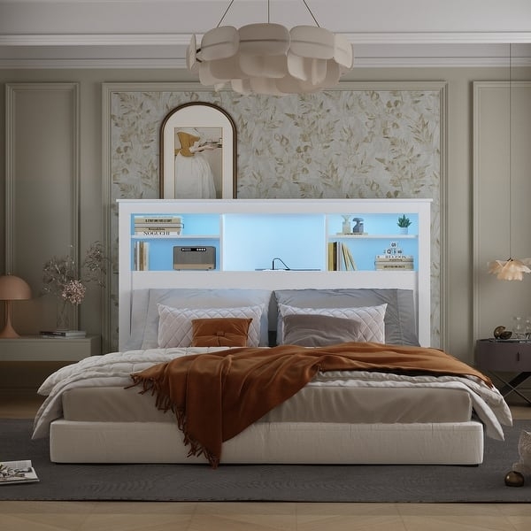 Bookcase Headboard Integrated Lighting Contemporary Storage Bed