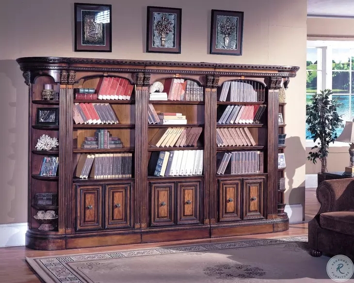 Bookcase Wall: Curved Ends Antique Pecan Library Wall