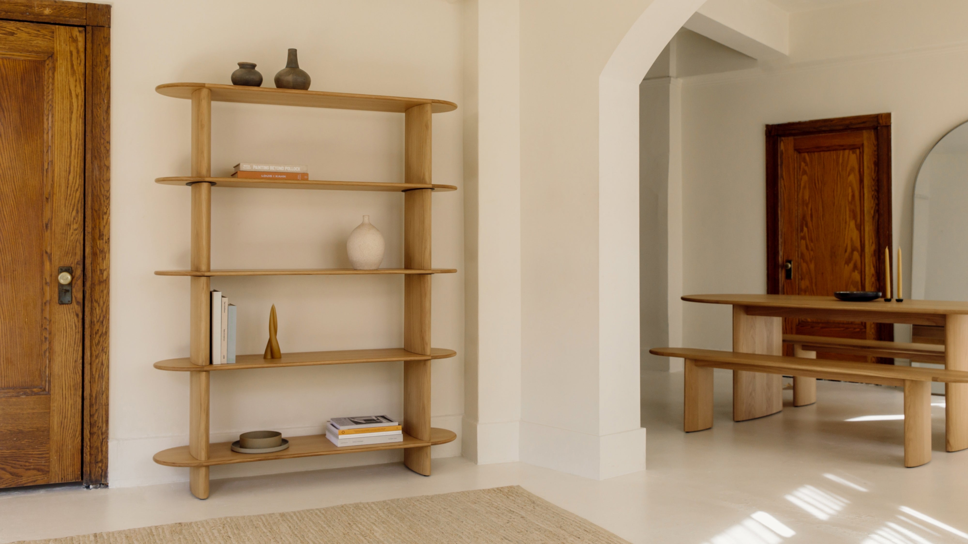 Bookshelf Pill Shaped Shelves with Oak Cylindrical Posts