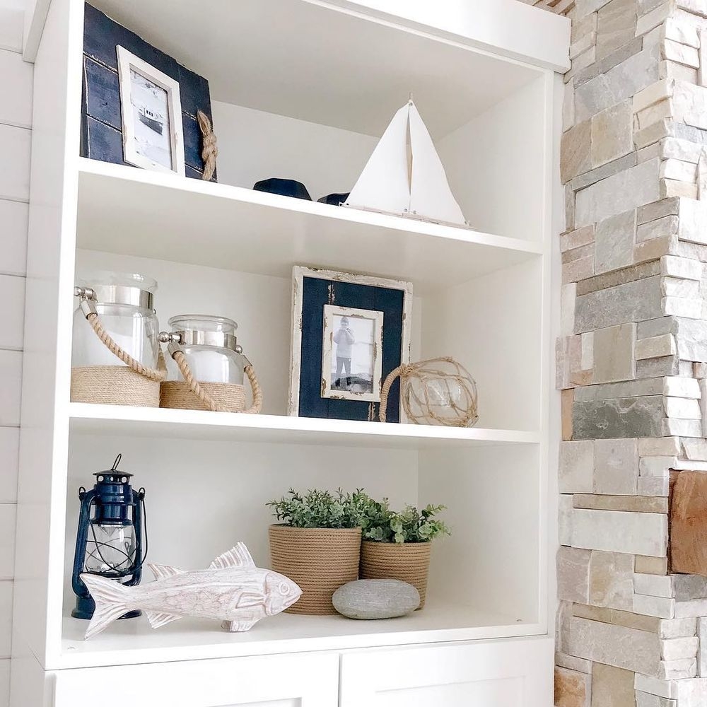 Bookshelf: Rope Wrapped Details Navy and White Built-Ins