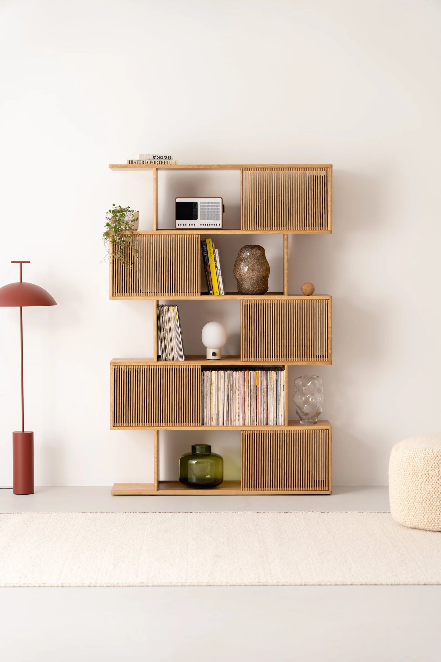 Bookshelf Staggered Shelves and Vertical Slats Unit