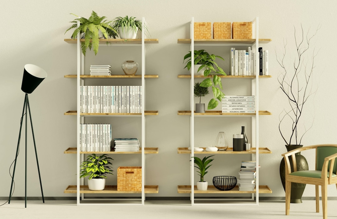 Bookshelf White Steel Frame and Solid Oak Ladder Shelves