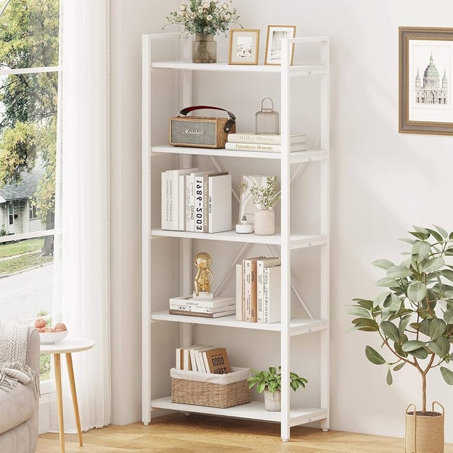 Bookshelf White X-Frame Bracing Modern 5-Tier Etagere