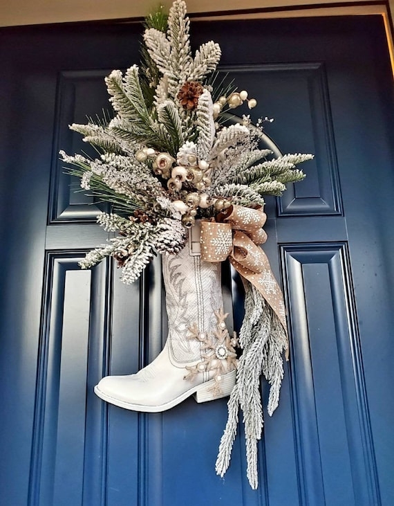 Boot Wreath with Flocked Pine Accents and Cowboy Boot Base