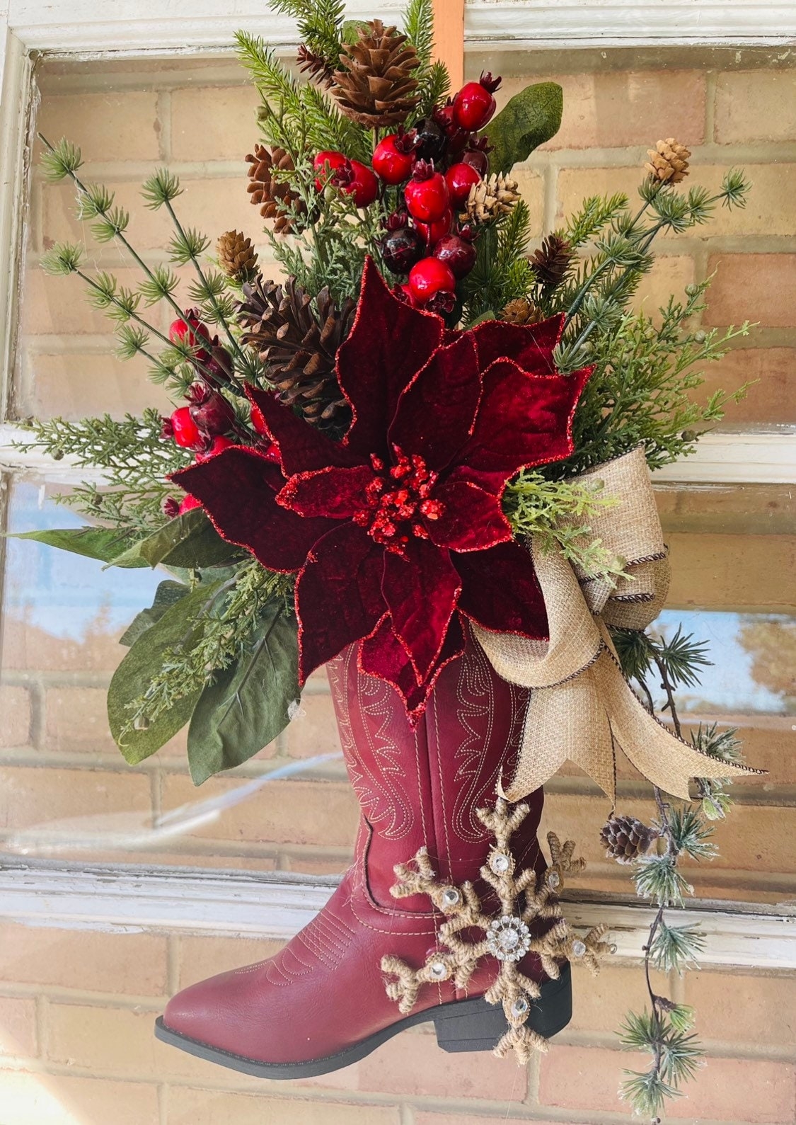 Boot Wreath with Jute Snowflake Pendant and Velvet Poinsettia