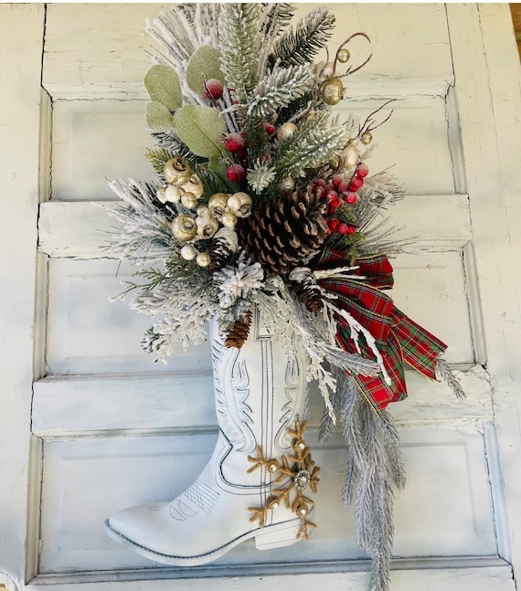 Boot Wreath with Snowflake Heel Detail and Flocked Greenery