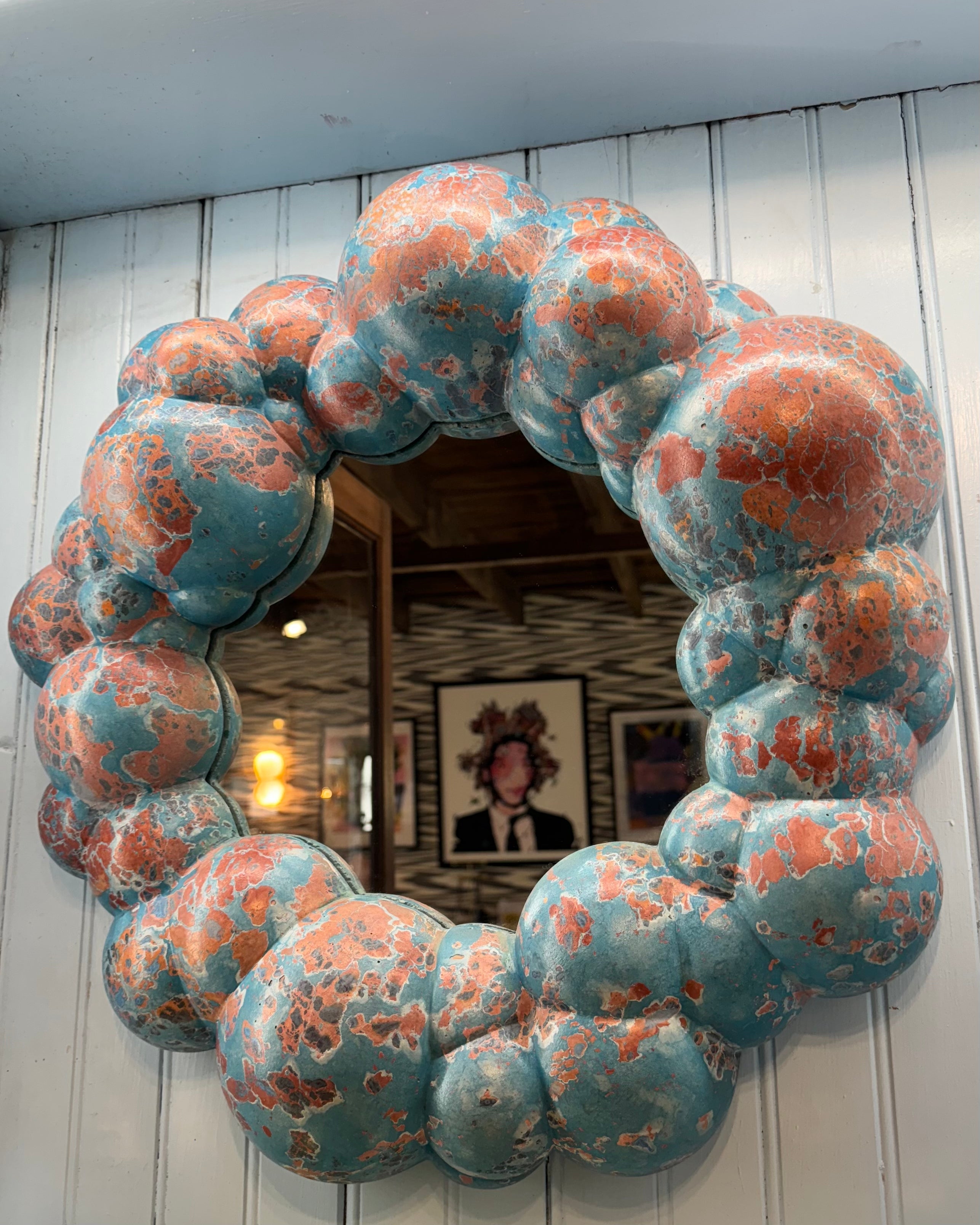 Bubble Mirror Teal Copper Marbled Finish Bulbous Frame