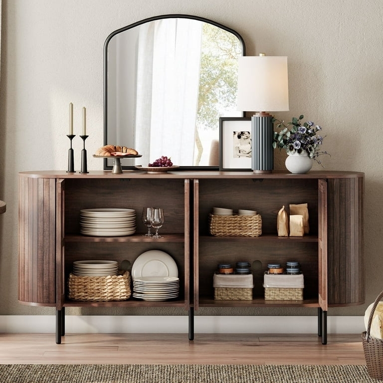 Buffet Cabinet Curved Silhouette Walnut Fluted Side Panels