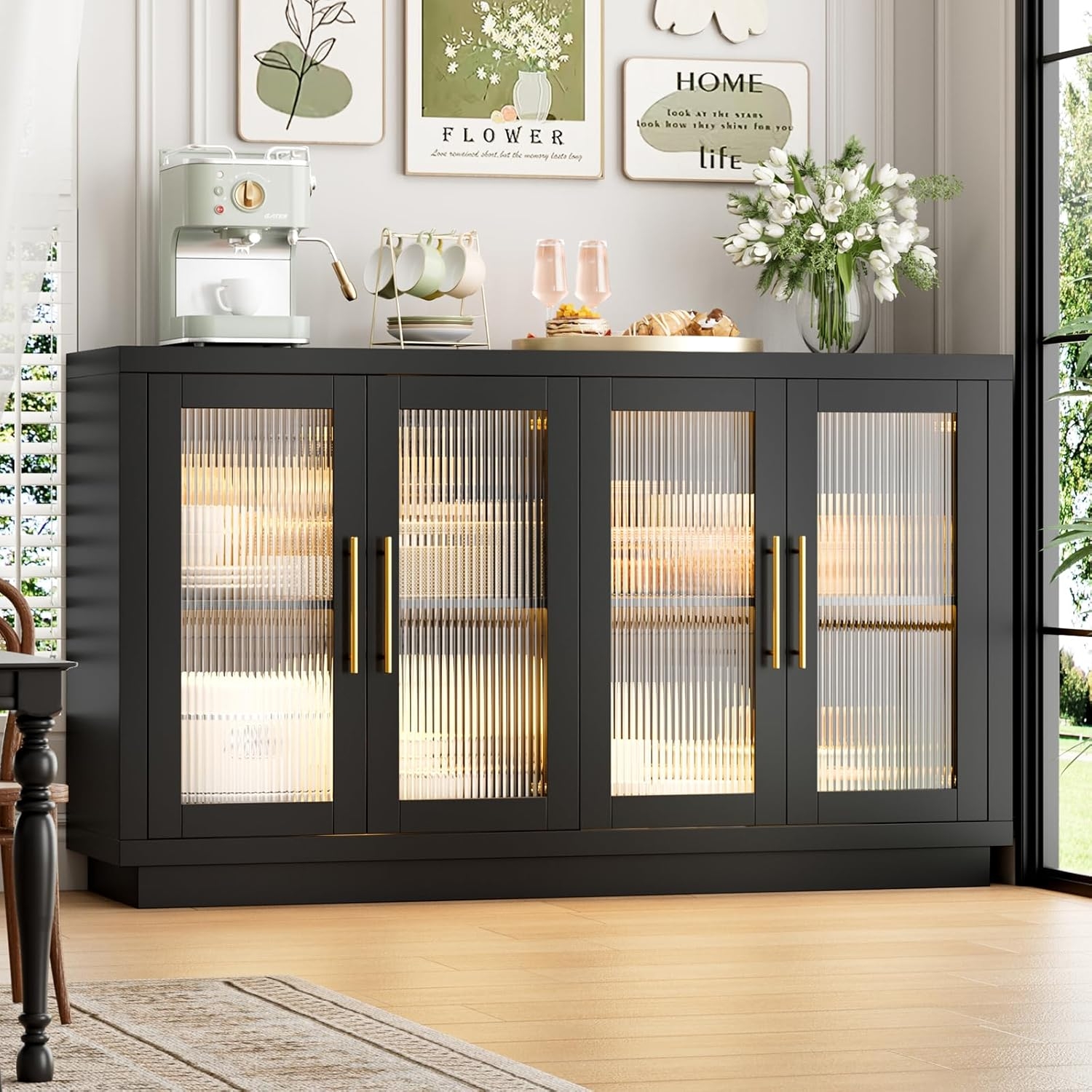 Buffet Cabinet with Matte Black Finish Gold Sideboard